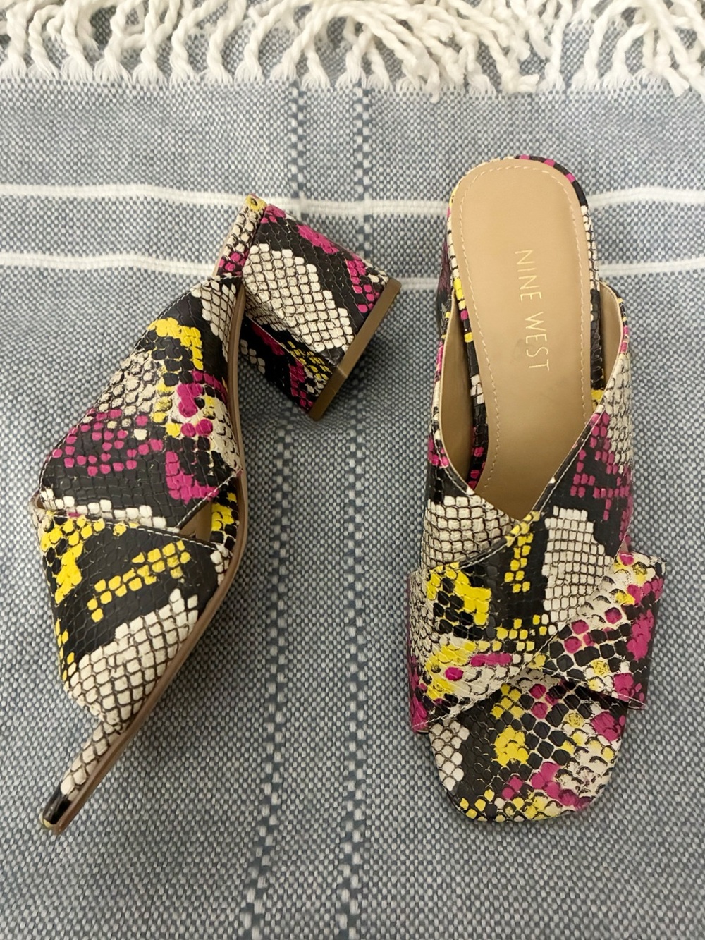 Nine West Pink Yellow & Black Snakeskin Block Heel Mules